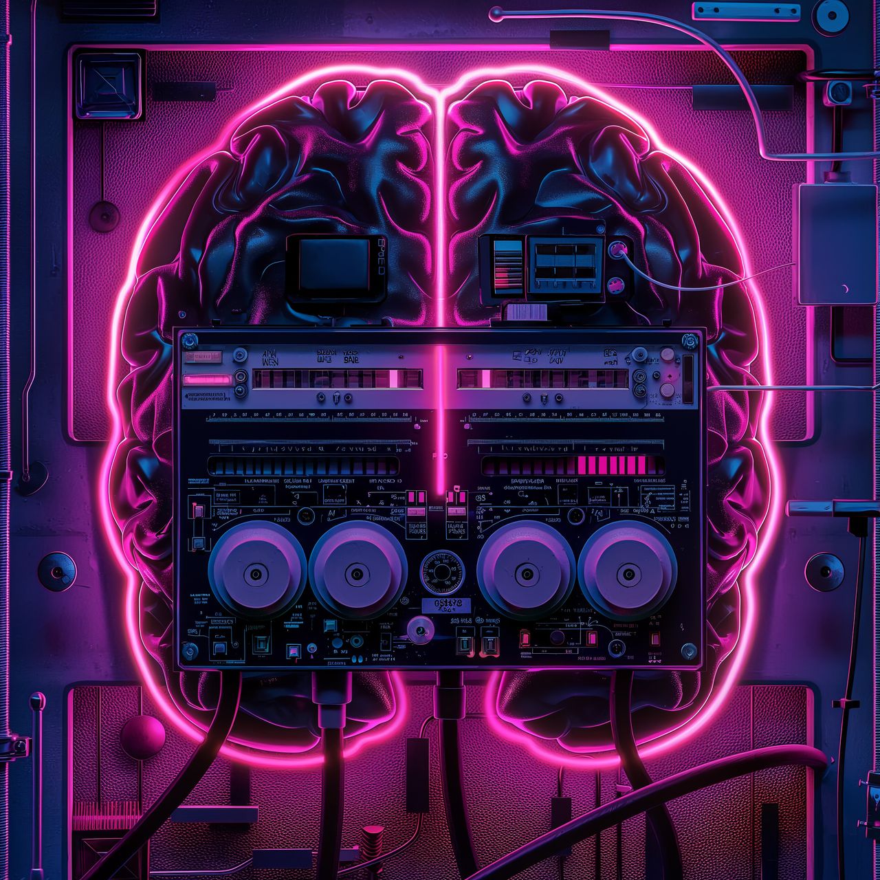 An unholy neon chimera of a 4 track recording device and a human brain.