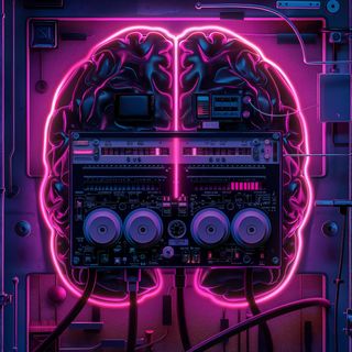 An unholy neon chimera of a 4 track recording device and a human brain.