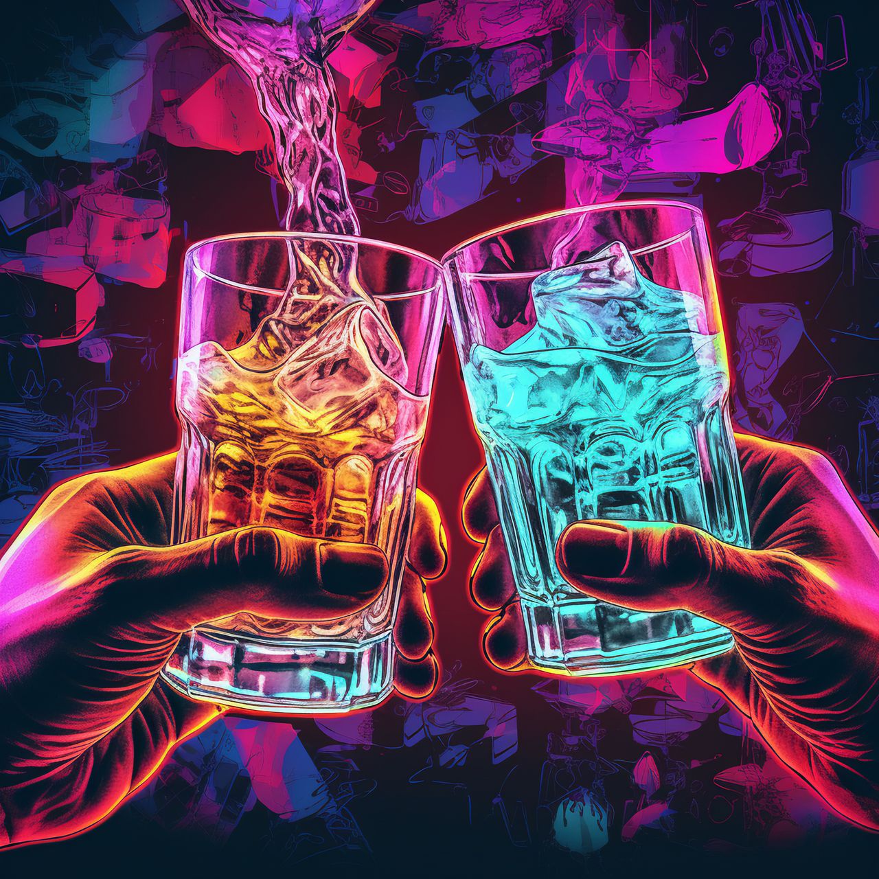 A neon drenched image of two glasses of booze being clinked together.