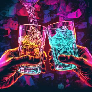 A neon drenched image of two glasses of booze being clinked together.