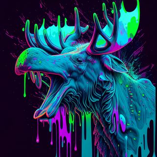 A neon illustration of a moose that's 93 sheets to the wind.