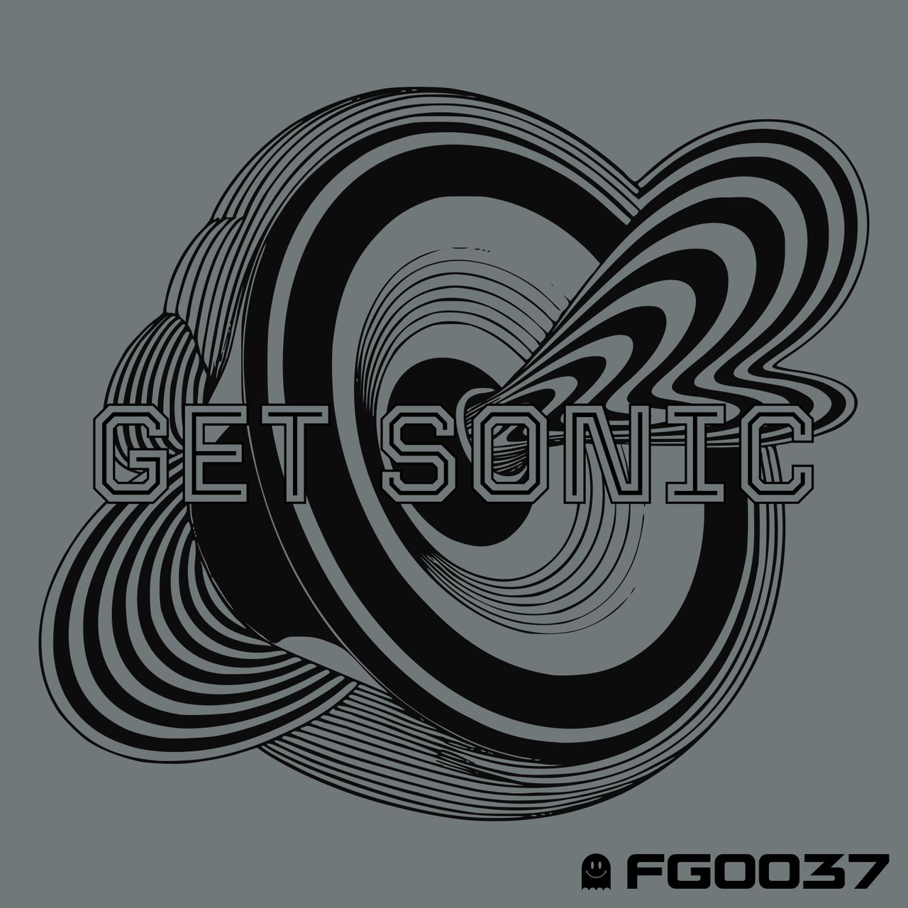 A line art illustration of a psychedelic loudspeaker with the words "Get Sonic" over the top.