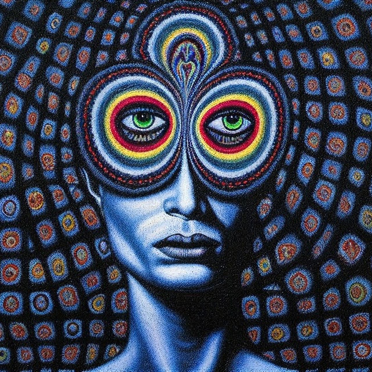 A bad trip image of a face with enormous psychedelic eyes.
