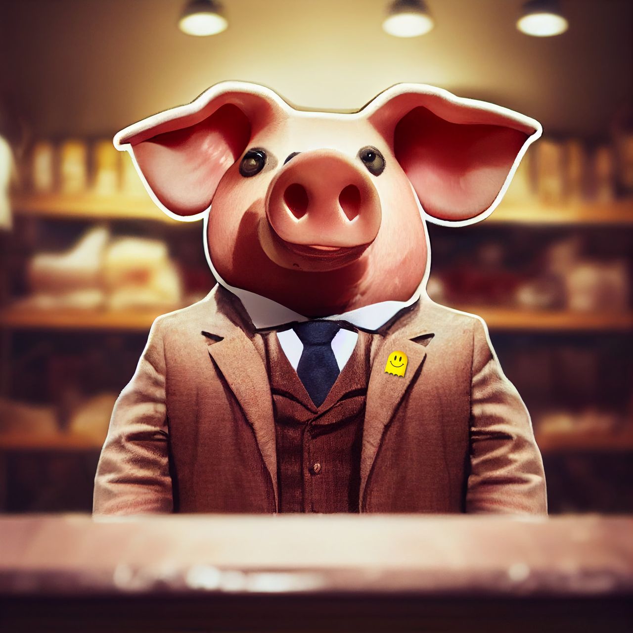 AI image of a pig in a suit standing behind the counter in a corner store.