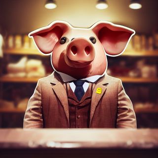AI image of a pig in a suit standing behind the counter in a corner store.