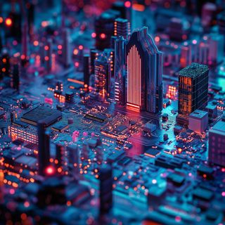 A close up photo of a circuit board that also looks like an aerial shot of a futuristic city.